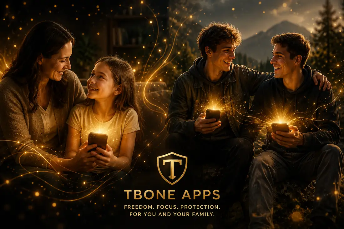 Family using phones with gold Tbone Apps protection glow